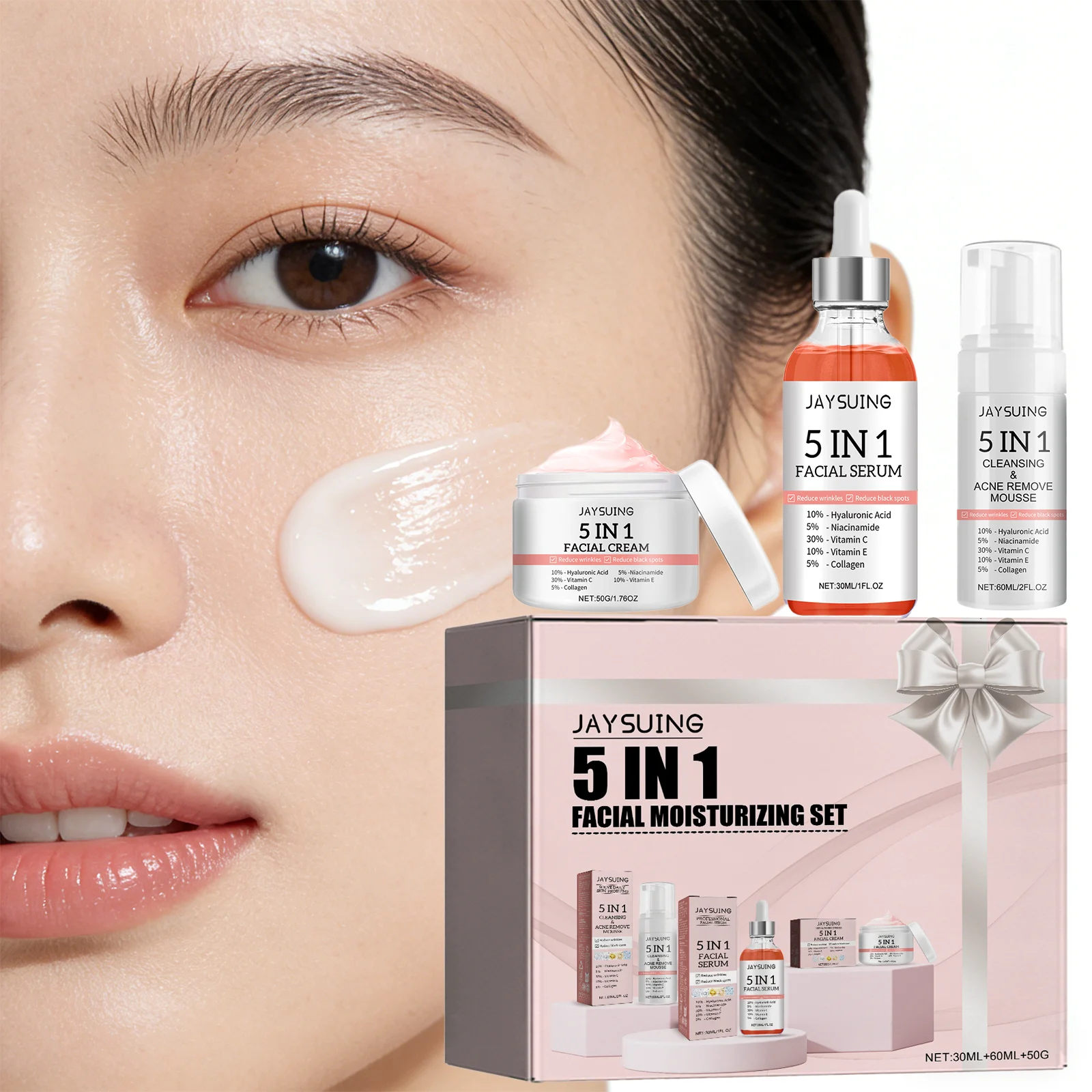 Conjunto de Cuidados com a Pele 5 em 1 para Hidratação Profunda com Sérum de Niacinamida e Vitamina C, Mousse de Limpeza, Sérum e Creme Hidratante