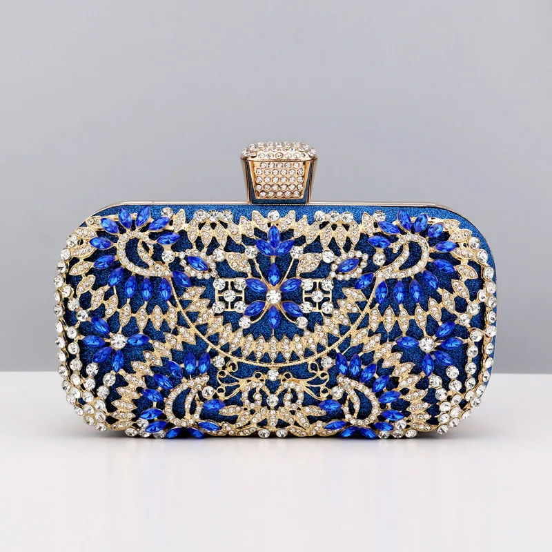

Luxury Blue Rhinestone Bag Retro One Side Hollow Out Metal Diamond Evening Clutch for Women Crystal Handbags Wedding Party Gits