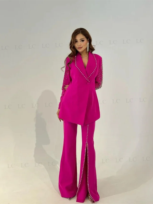 2 ピースデザインの高級女性スーツビーズダイヤモンド真珠ウエディングイブニングドレスフォーマルカスタムメイドプラスサイズの花嫁の母