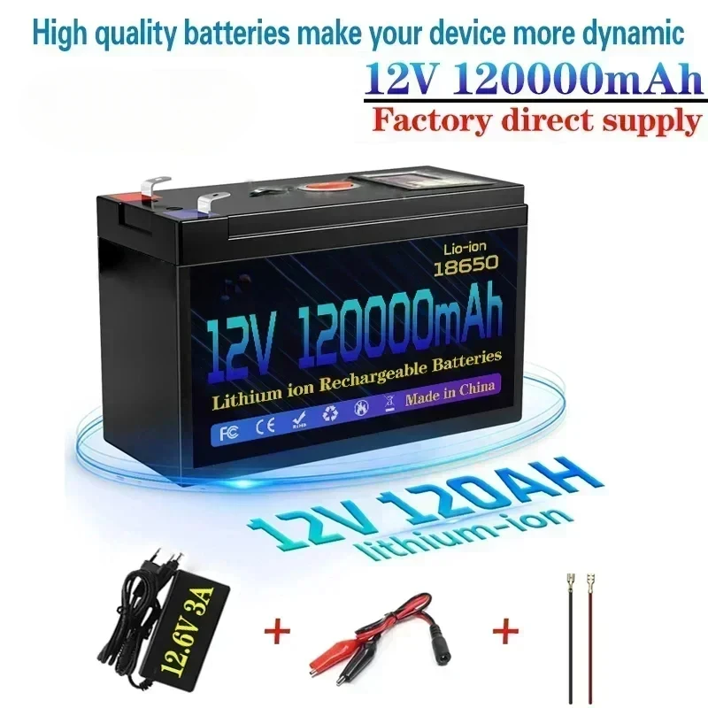 12V Battery 120Ah 18650 Lithium Battery Pack Rechargeable Battery for Solar Energy Electric Vehicle Battery+12.6v3A Charger