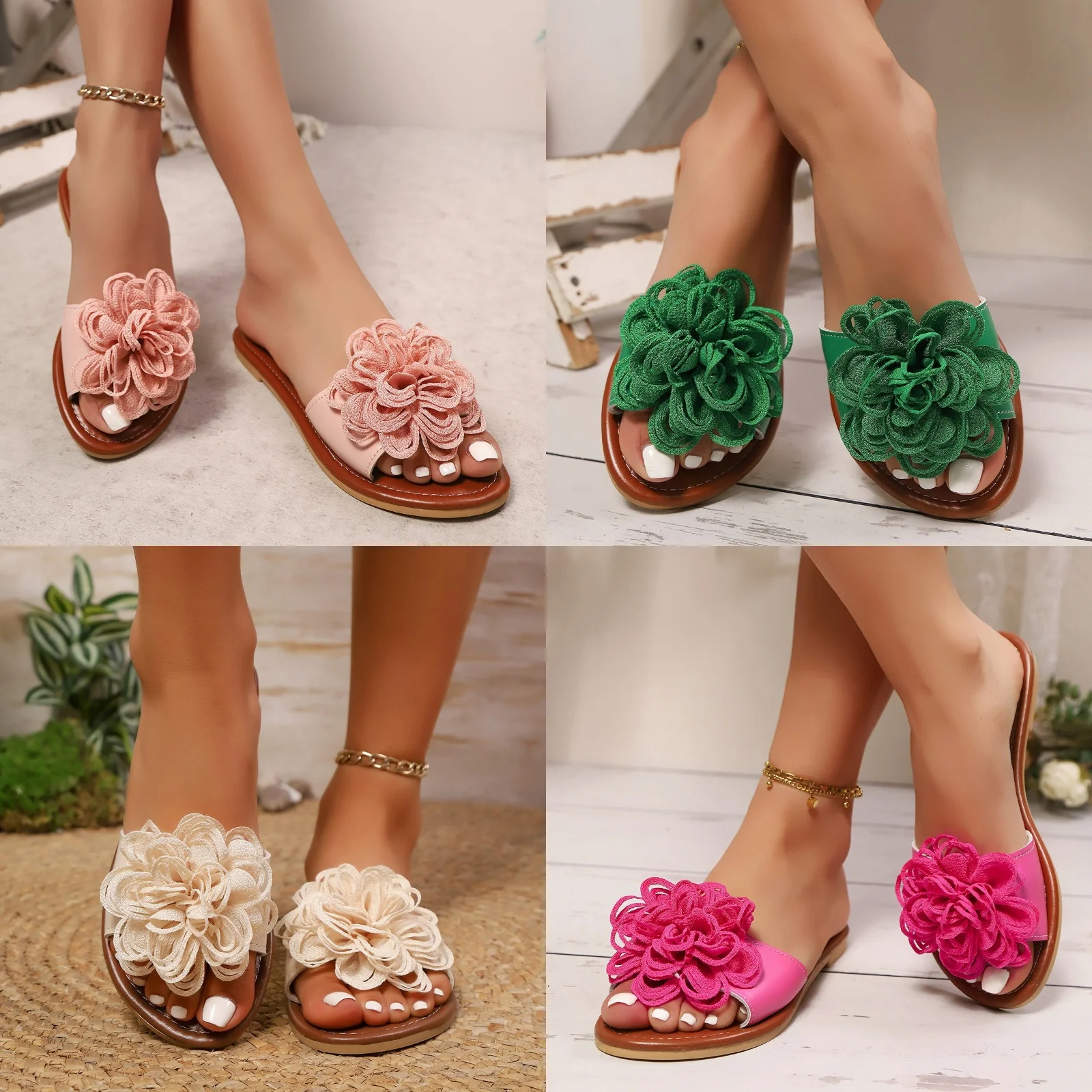 صنادل مسطحة على شكل زهرة بمقدمة مستديرة للسيدات، شرائح ناعمة مفتوحة من الأمام، شباشب شاطئ عصرية، شباشب نسائية صيفية