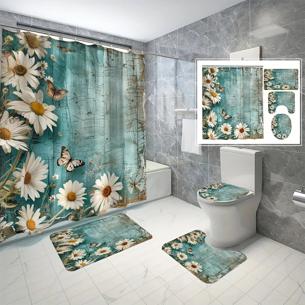 

4 шт., белая маленькая цветочная занавеска для душа из полиэстера с цифровым принтом, перегородка без перфорации, набор из четырех предметов для ванной и ванной комнаты