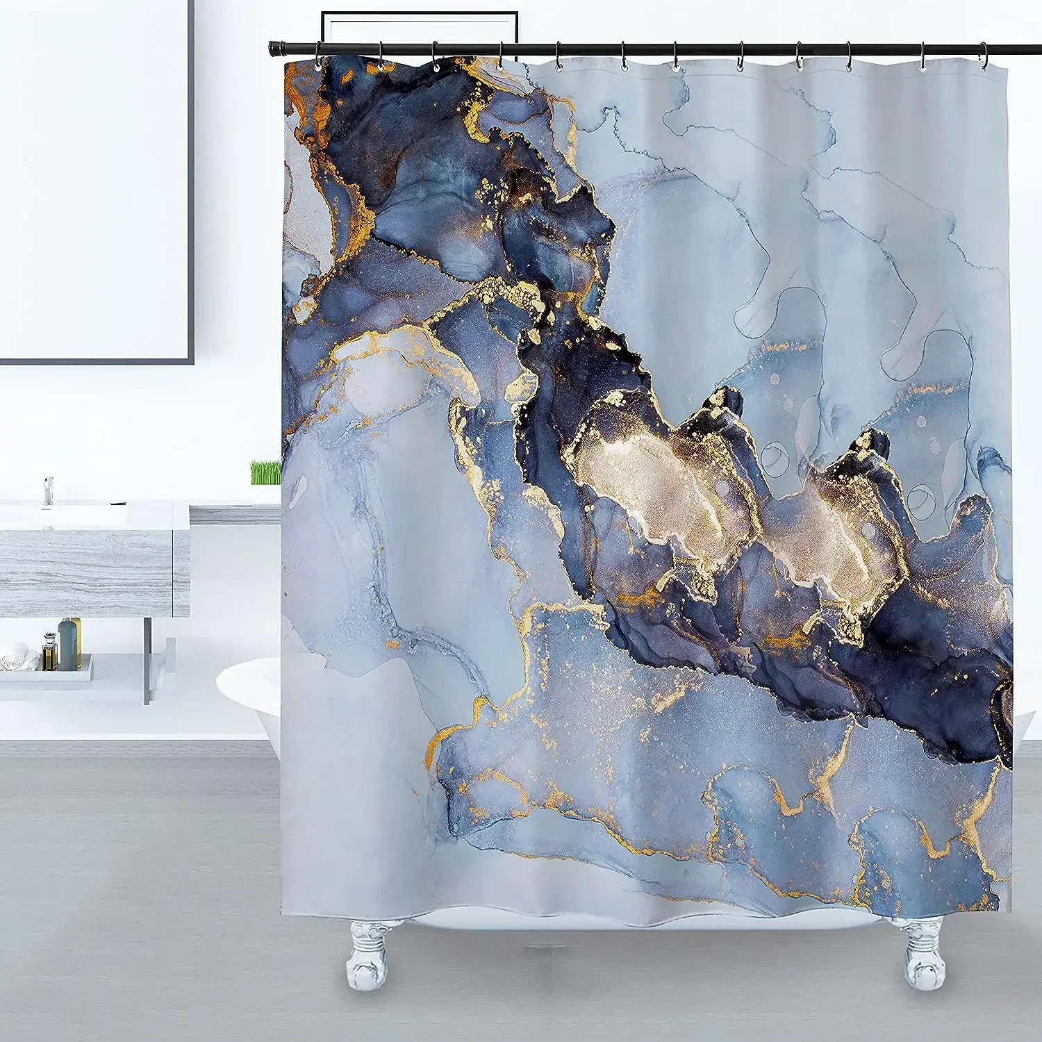 Blue Gold Marble Shower Curtains Golden Cracked Lines Abstract Modern Home Washable Polyester Fabric Bath Curtain Bathroom Decor