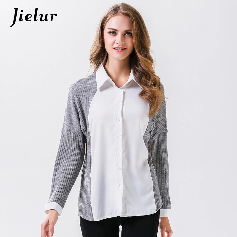 Europe Chic Spring Autumn Women's Shirt Gray and White Spell Color Knitted Splicing Top Female Casual Long Sleeve Blouse