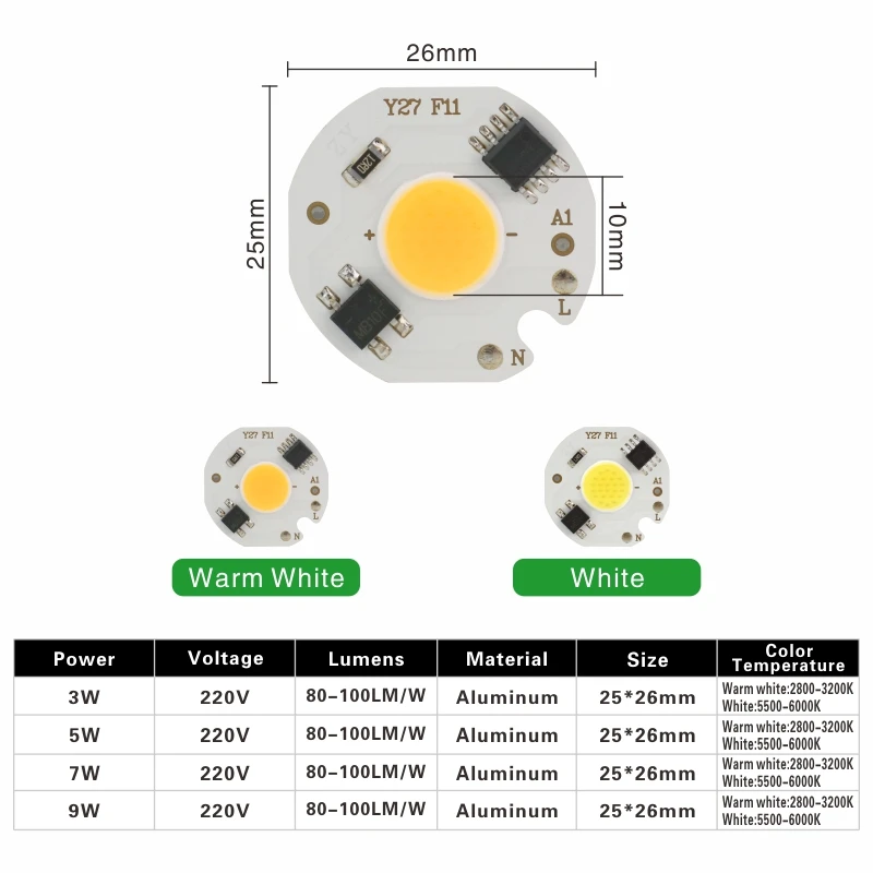 Smart IC COB Chip Lamp, Lâmpada de LED para Holofote, Iluminação DIY, Branco Quente, 3W, 5W, 7W, 9W, Branco Frio, Sem Necessidade de Driver, 220V