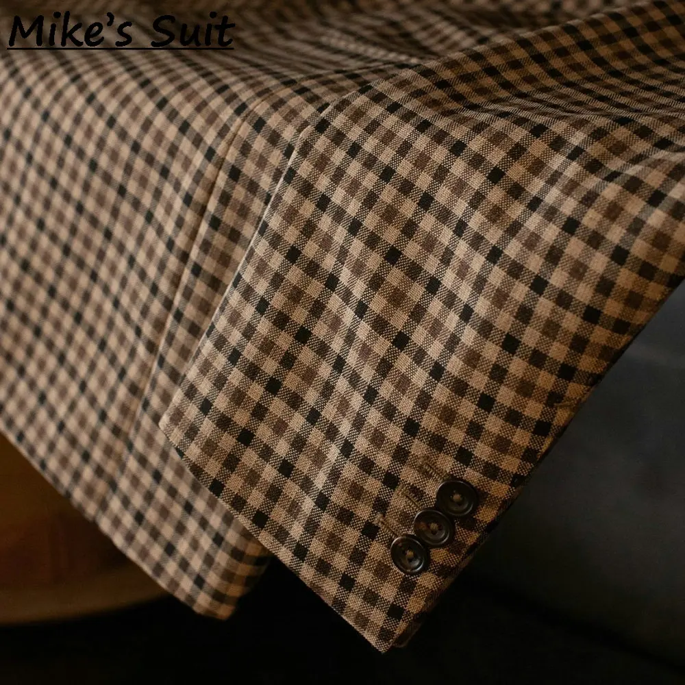 Men Notch Lapel Loose Casual Blazer, Mini Gingham Check Wool Tweed Fabric, Business Daily Casual Party Relax Fit Jacket