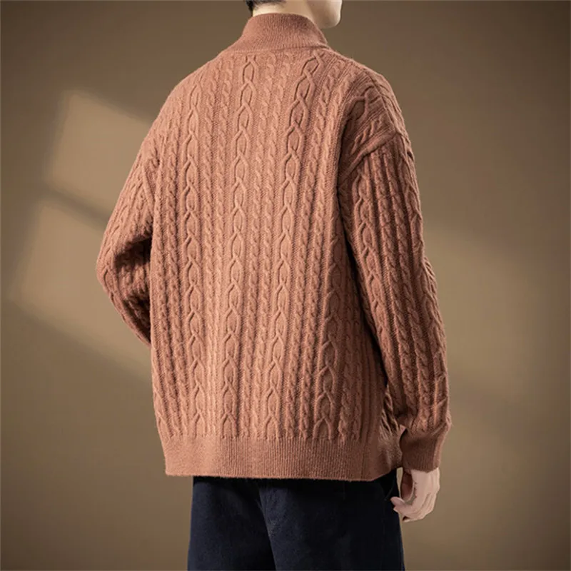 Autumn Winter Men's Stand Collar Sweatercoat Loose Knitted Cardigans Solid Color Warm Casual Knit Sweater Jacket Casual Cardigan