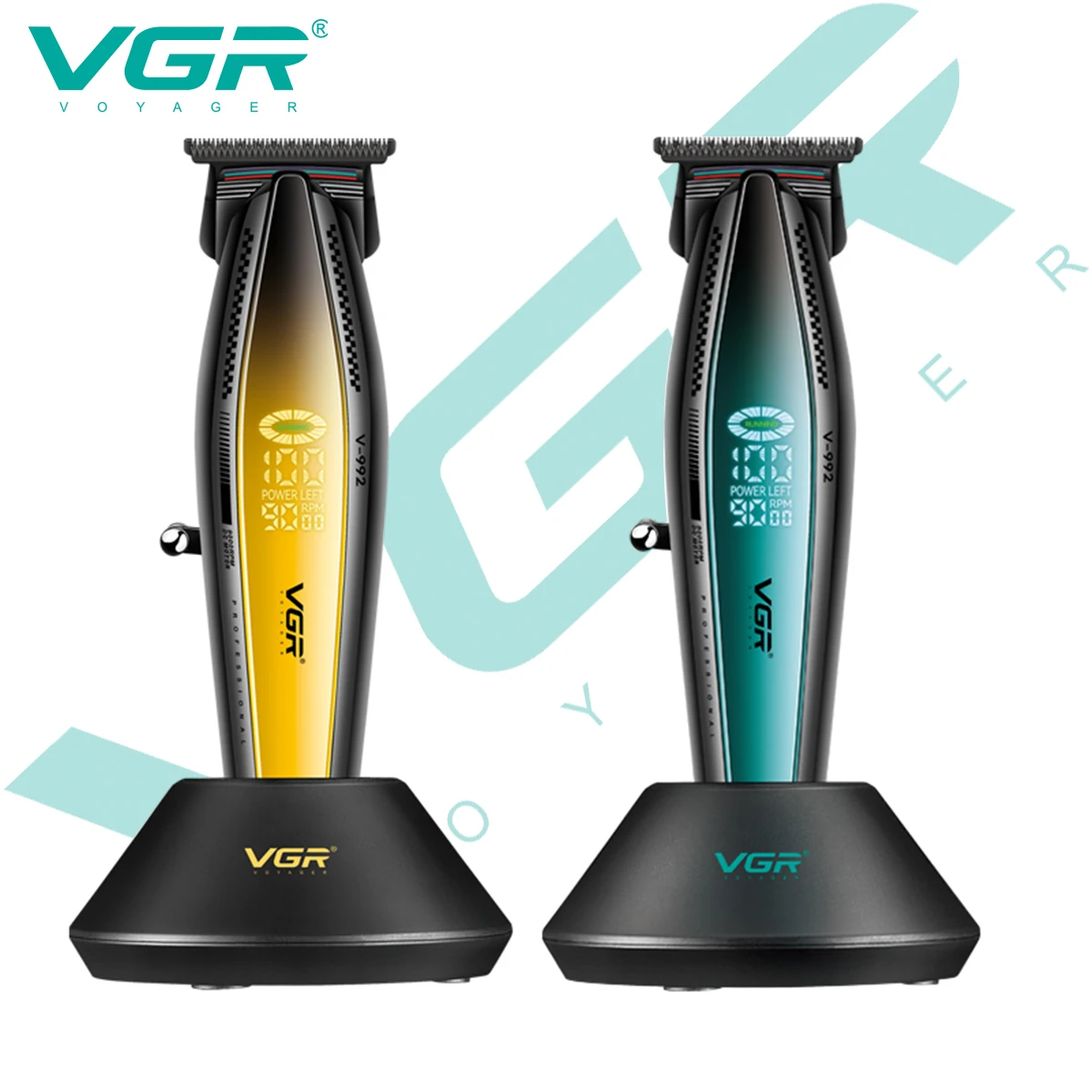 VGR V-992 المهنية الكهربائية دفع القص المعادن ميكا الرياح الجسم الرجال مع قاعدة مقص الشعر LED شاشة ديجيتال النفط رئيس نحت