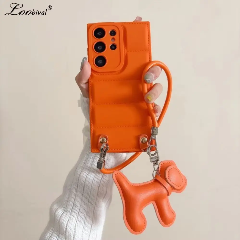 Luxury Down Jacket Hand Wrist Strap Case for Samsung Galaxy S25 S24 Ultra S23 S22 Plus S21 FE A55 A56 A16 A54 Dog Lanyard Cover