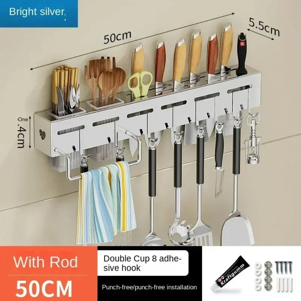 Kitchen Storage Rack Wall-Mounted Multifunctional Storage Knife Rack Detachable Stainless Steel With Multiple Brackets And Hooks