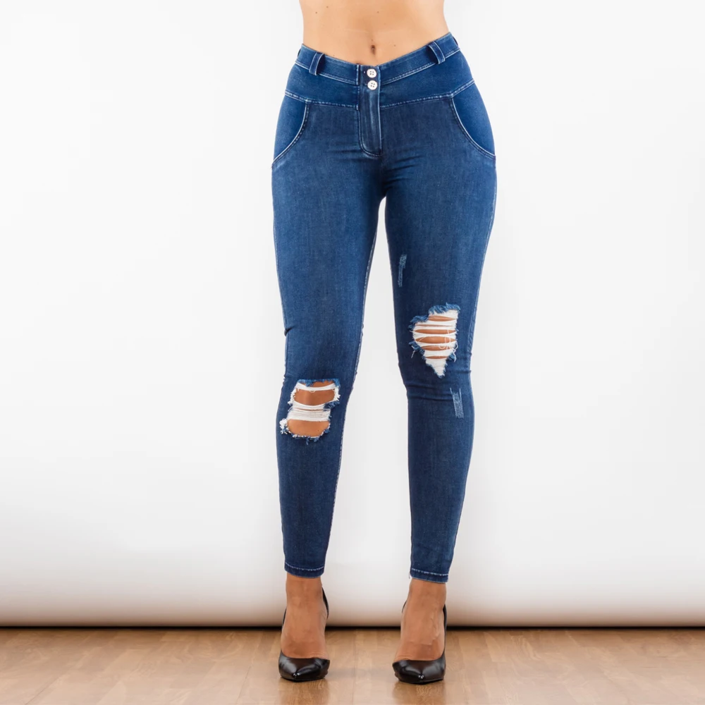 Shascullfites Denim Jeans Blue Women Push Up Hip Ripped Jeans Middle Waist Ripped Blue Lifting Jeggings