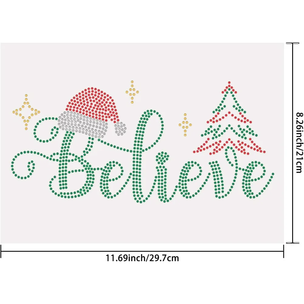 Christmas Believe Iron on Rhinestones Heat Transfer Decal Christmas Tree T-Shirt Crystal Heat Transfer Bling Hot fix