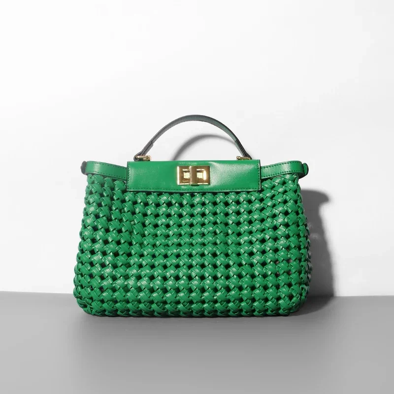 

2025 New High Quality Hand Knitting Handbag for Women Hollow Out Female Shoulder Bag Summer Beach Bag Fashion Cross Body Bag