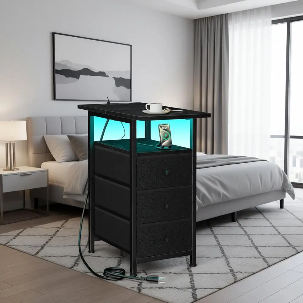 

Charging Station Nightstand for Living Room and Bedroom, Sleek LED Side Table with Fabric Drawers, Ideal for Small Spaces and Co