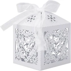 10/50pcs Beautiful white Love Heart Laser Cut Wedding Candy Gift Box for Wedding Favor Birthday Party Bridal Shower with Ribbon