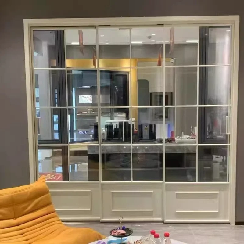 French Retro Door Extremely Narrow Kitchen Sliding Door Living Room Balcony Three Linkage Hanging Rail Aluminum Alloy