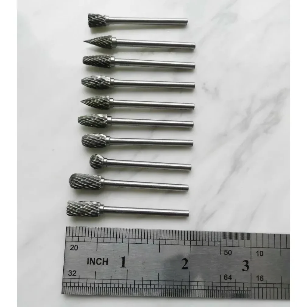 10pcs 1/8" Shank Tungsten Carbide Milling Cutter Rotary Tool Burr Diamond Cut Rotary Drill Bit for Metalworking Polishing Tools