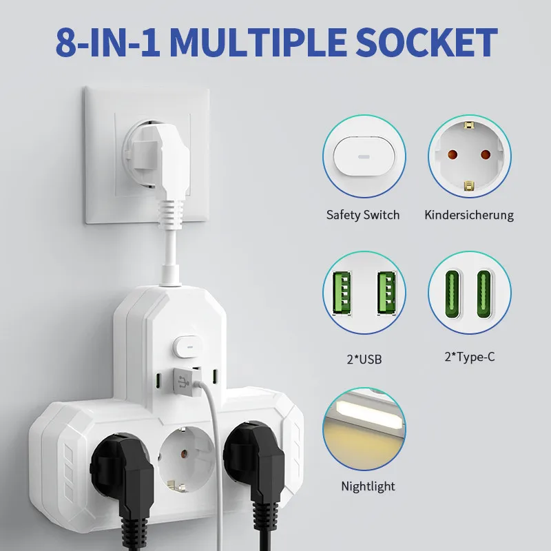 EU Plug Socket Power Strip Outlet Wall Socket Power Outlet Power Outlet 2 USB 2 Type-C Switch Multitap Network Filter With