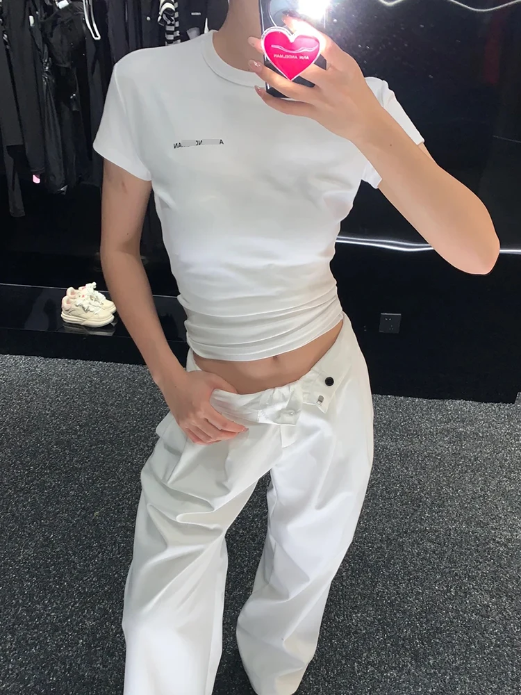 เสื้อยืดผู้หญิงทรงเข้ารูป พิมพ์ลายตัวอักษร ช่วงเอวเข้ารูป ผ้าคอตตอนลายสร้างสรรค์ เหมาะสำหรับใส่เป็นเสื้อตัวในหรือเสื้อตัวนอกในฤดูร้อน