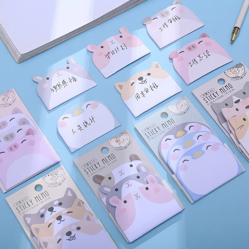 45Sheets/Pack Kawaii Cartoon Sticky Notes - Penguin Pig Bear Cat Memo Pads Cute Stationery for Students Office Supplies Gift