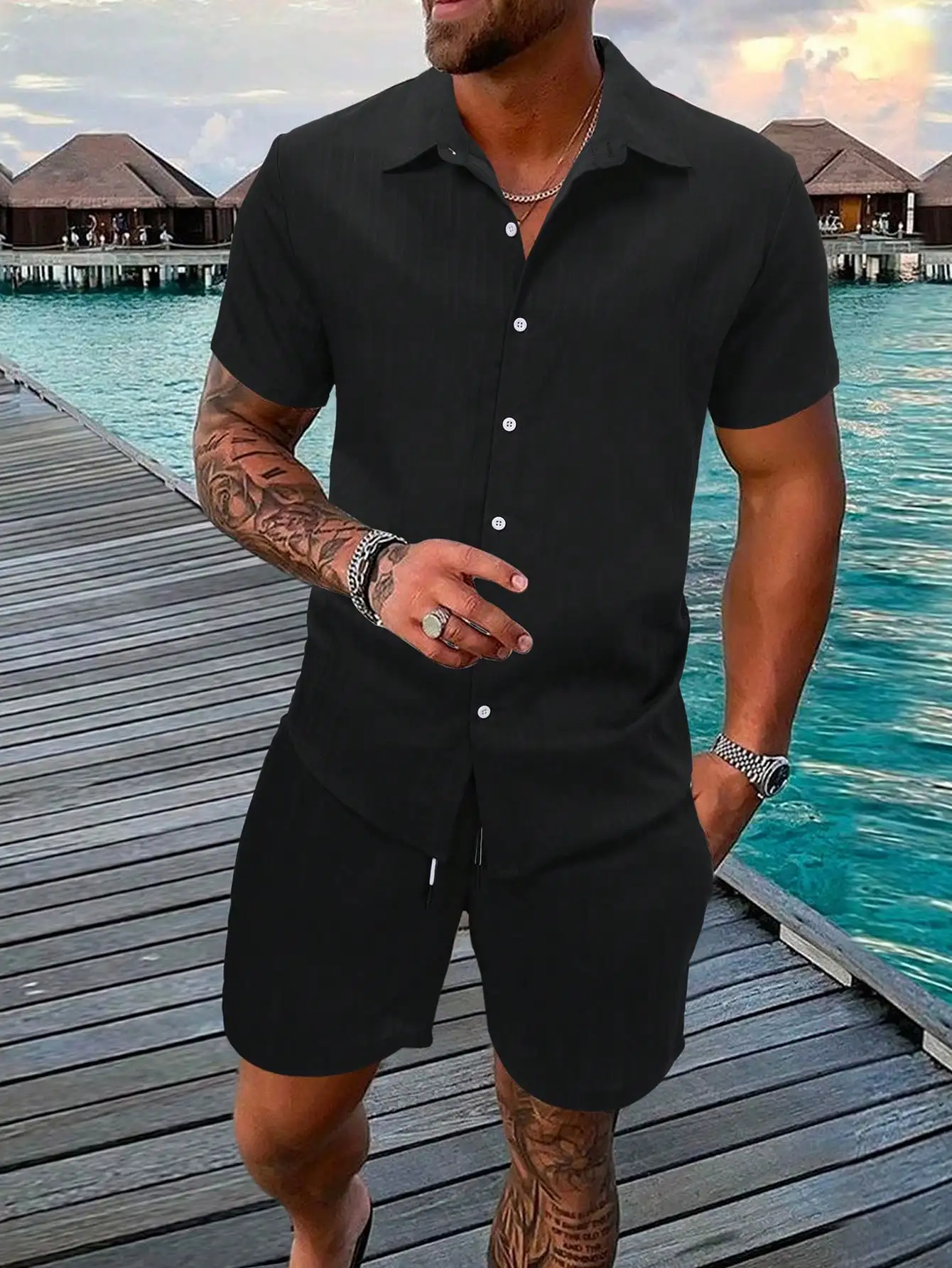 Mens Short Sleeve Button-Up Shirt And Matching Shorts Set Casual Two Piece Outfit
