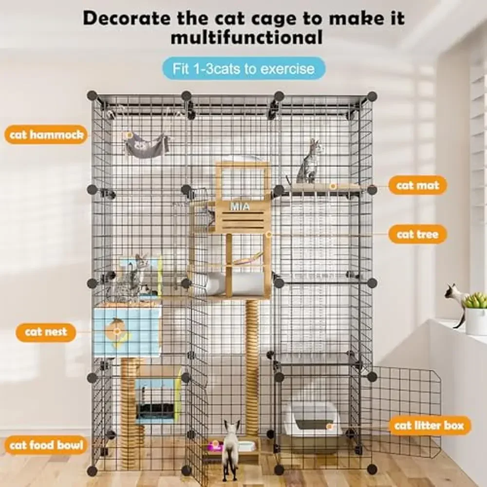 Large Metal Wire Cat Playpen Kennel 1-3 Cats Indoor/Outdoor DIY Detachable Cage Kit Ideal Cat Enclosure with 4 Doors & Rubber