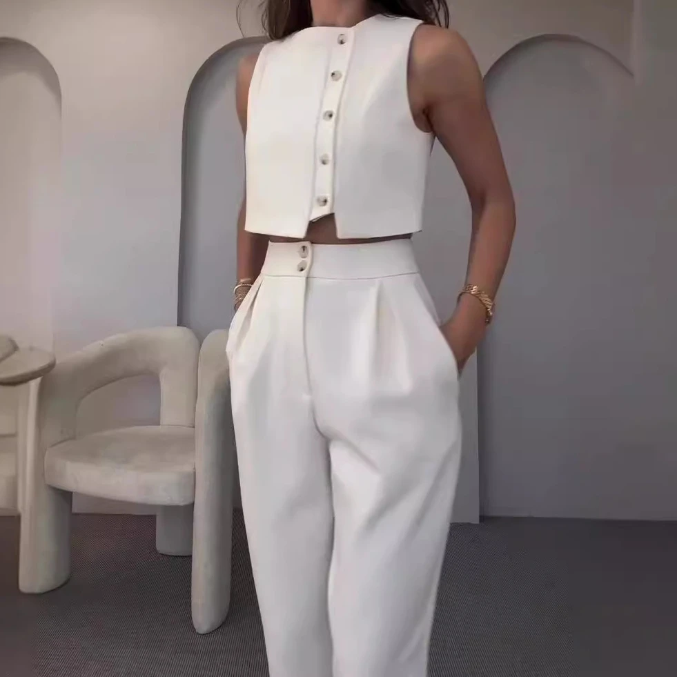 Vest Tops Two Piece Sets Women Pants Set Round Neck Sleeveless White Button High Waist Wide Leg Long Pants Slim Fit Elegant