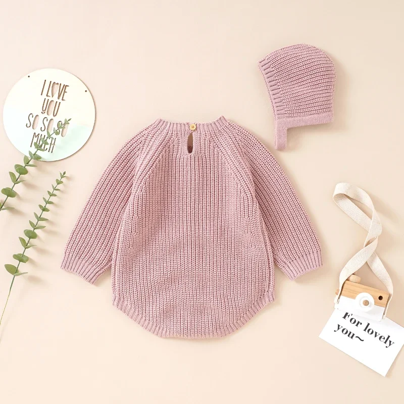 Baby Bodysuits Autumn Knit 2pc Infant Girl Boy Jumpsuit Long Sleeve Newborn Clothes Hat 0-18M Overalls Tops Fashion Solid Romper