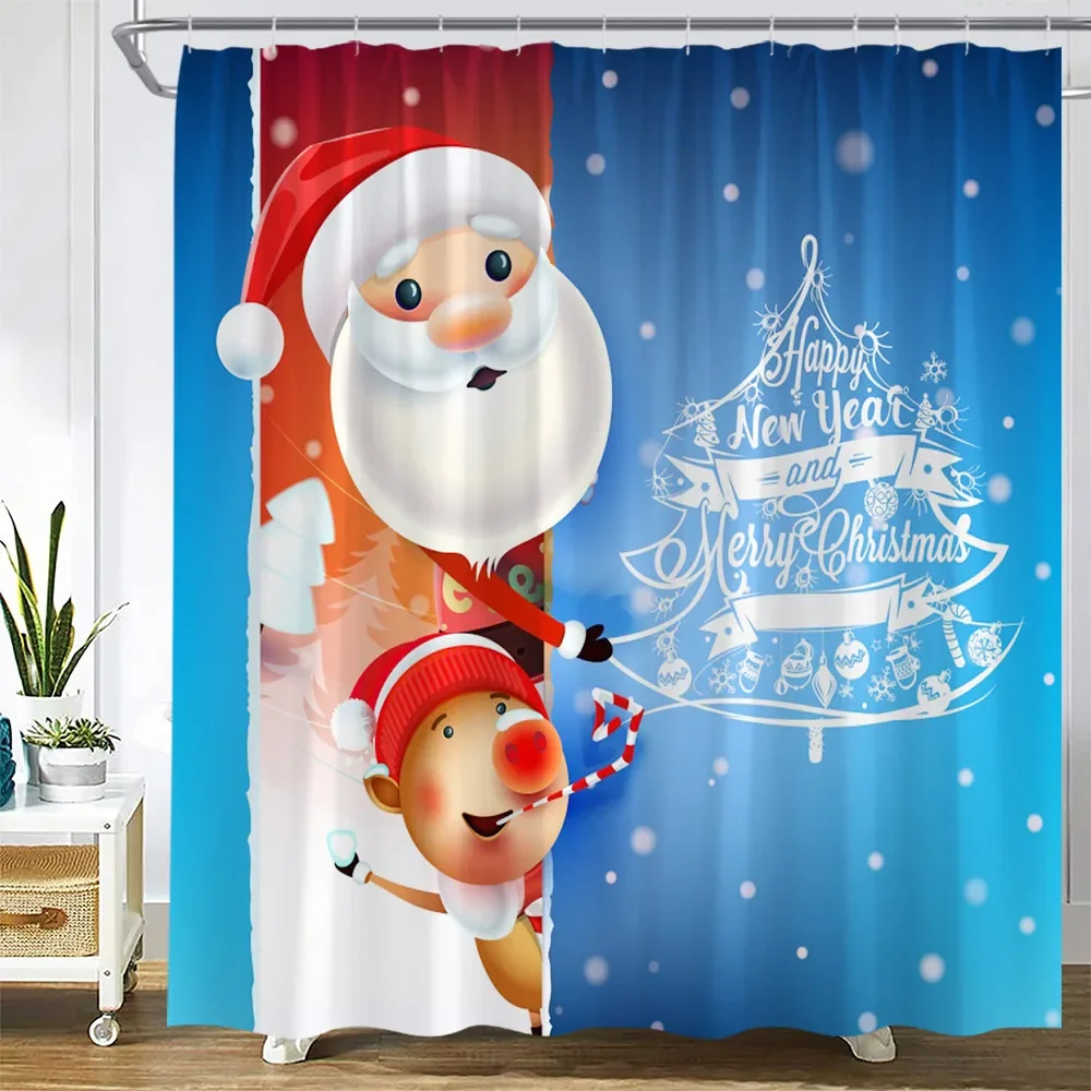 Christmas Shower Curtains Funny Snowman Fir Branch Gift Xmas Ball New Year Holiday Fabric Home Bathroom Decor Bath Curtain Sets