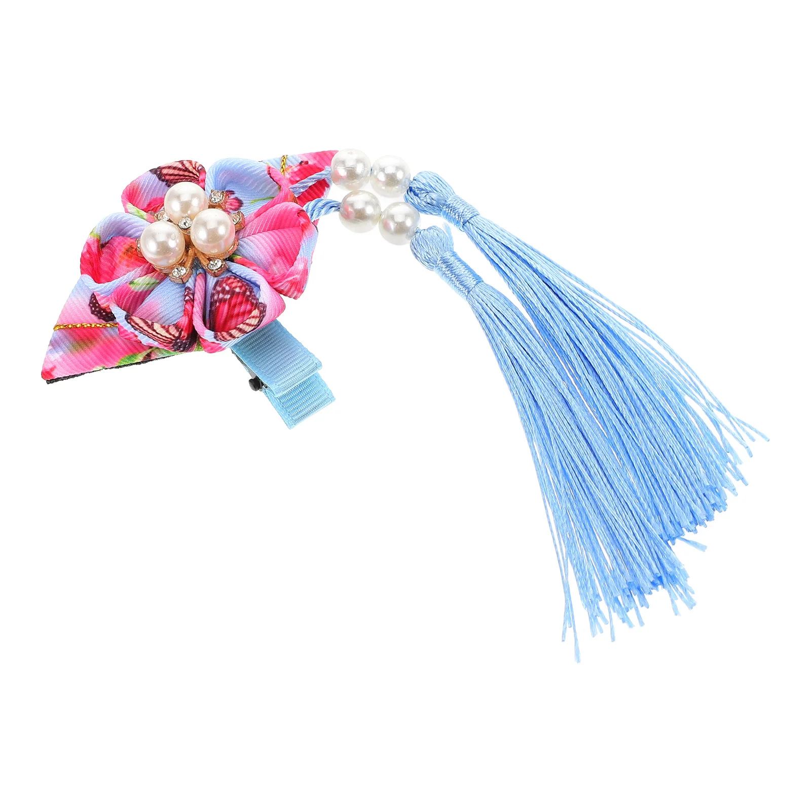 

Fan Hair Clip Tassel Blue Cloth Japanese Accessories Women Girls Hanfu Kimono Decor Bright Colors Metal Fabric Comfortable