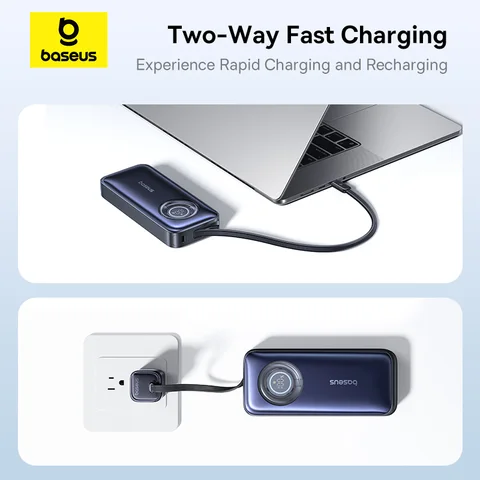 Baseus 100 Вт 20000 мАч Power Bank Встроенный выдвижной кабель USB-C PD Внешний аккумулятор PowerBank для MacBook Pro iPhone 17 Samsung