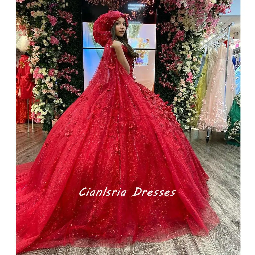 Đỏ Pha Lê Lấp Lánh 3D Hoa Quinceanera Đầm Kèm Khăn Choàng Bầu Lệch VAI NGỌT NGÀO 15 Cuộc Thi Vestidos De XV años