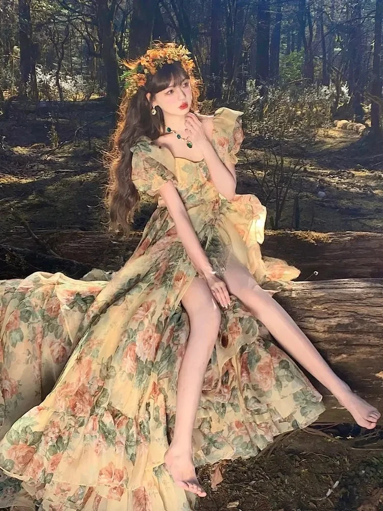 Ruffles Floral Long Fairy Dresses Women 2025 Summer Elegant Party Sweet Princess Dress Female Fashion Korean Split Dress Casual