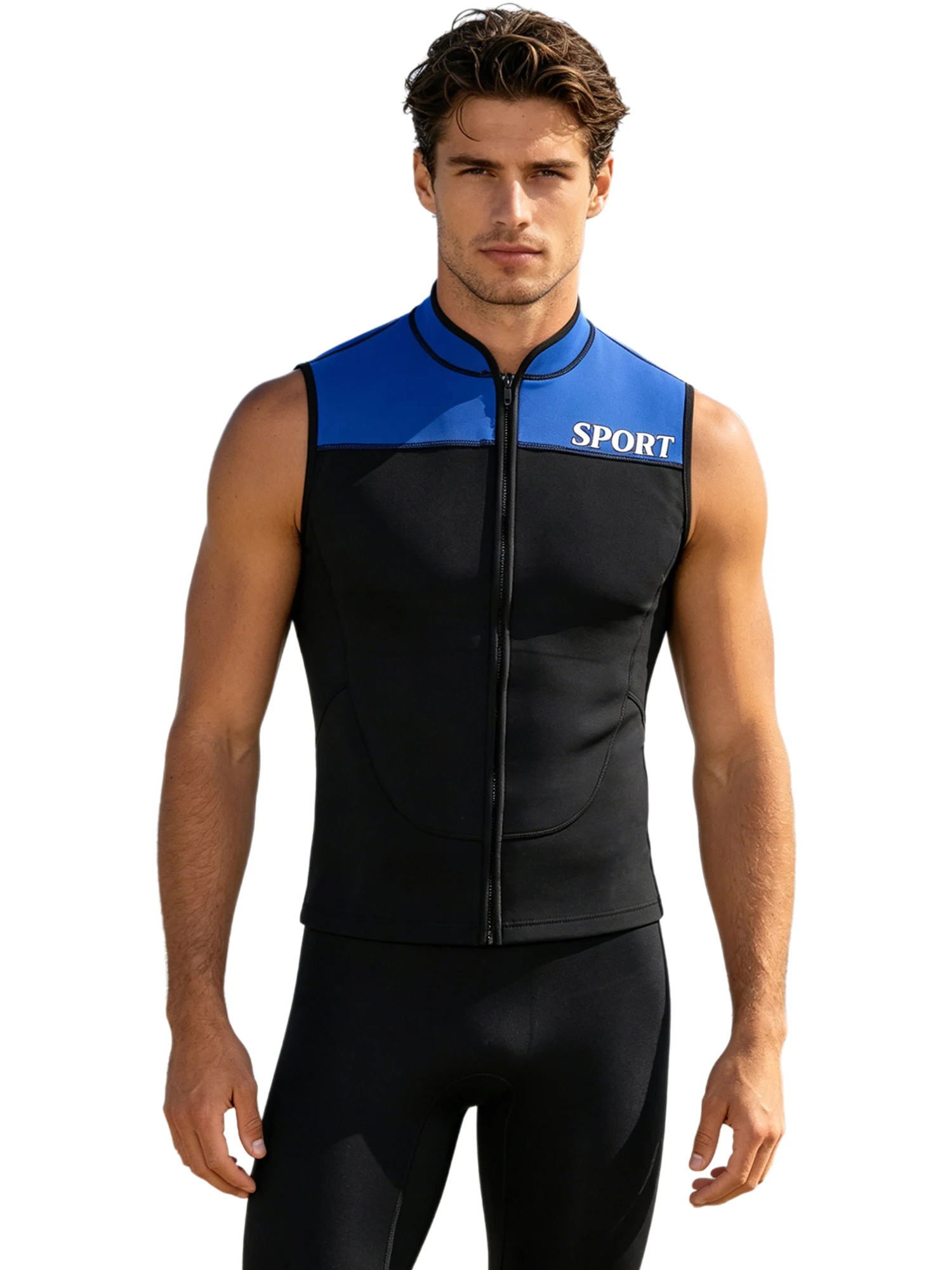 Herren-Neoprenanzugweste aus 3 mm Neopren, ärmellos, mit Reißverschluss vorne, kontrastfarbenes Oberteil zum Tauchen, Surfen, Kajakfahren, Schwimmen – Detail 10