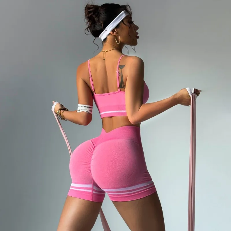 

Women Outdoor Sports Sets Bra with Pad Line V Back Shorts Gym Biker Running Training Yoga Suits Tops Short Leggins Tights