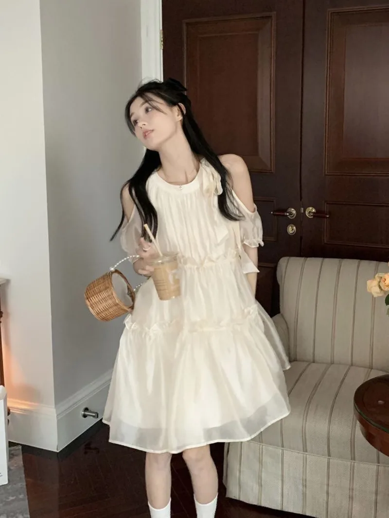 

French Style Neck Hanging Strap Off Shoulder White Dress For Summer 2024 New College Schoolgirl Small Princess Short Skirt OESU