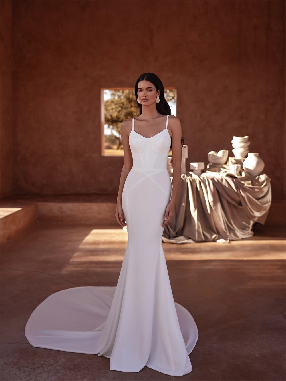 فستان زفاف أنيق من الساتان الأبيض مخصص على شكل قلب ناعم بدون أكمام فساتين زفاف ناعمة حورية البحر ذيل محكمة فيستدو دي نوفيا #1