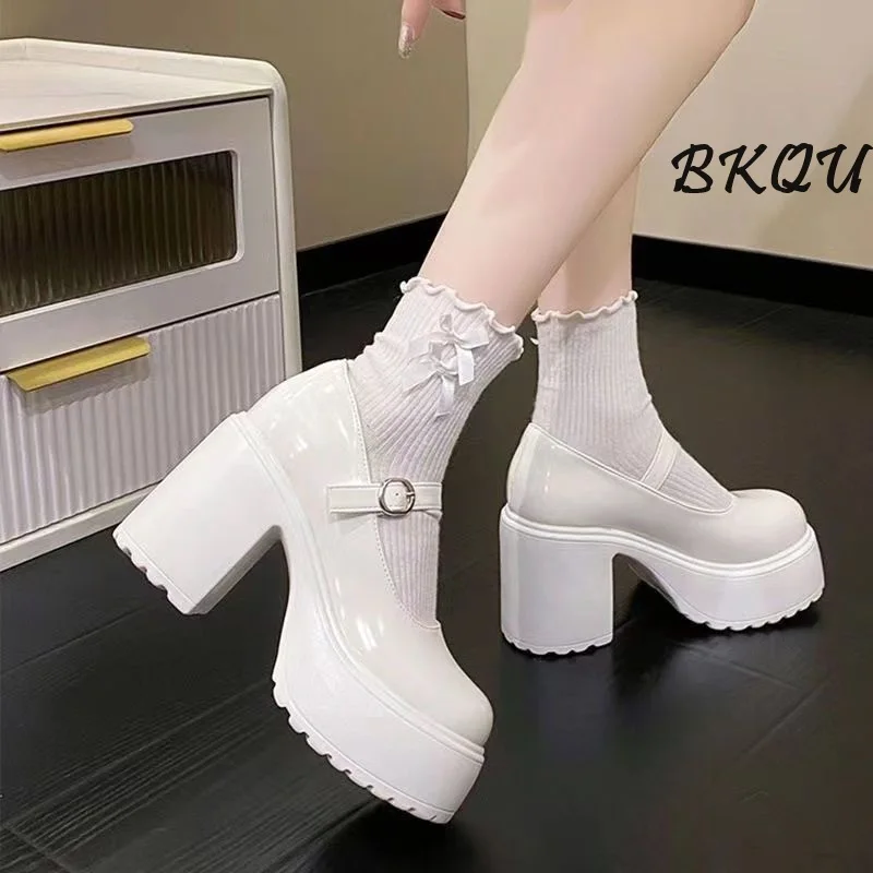 

BKQU Brand 2024 Summer New Women's Mary Jane Shoes Lolita Retro Style Ultra High Heel 9cm Thick Heel Walking Safety