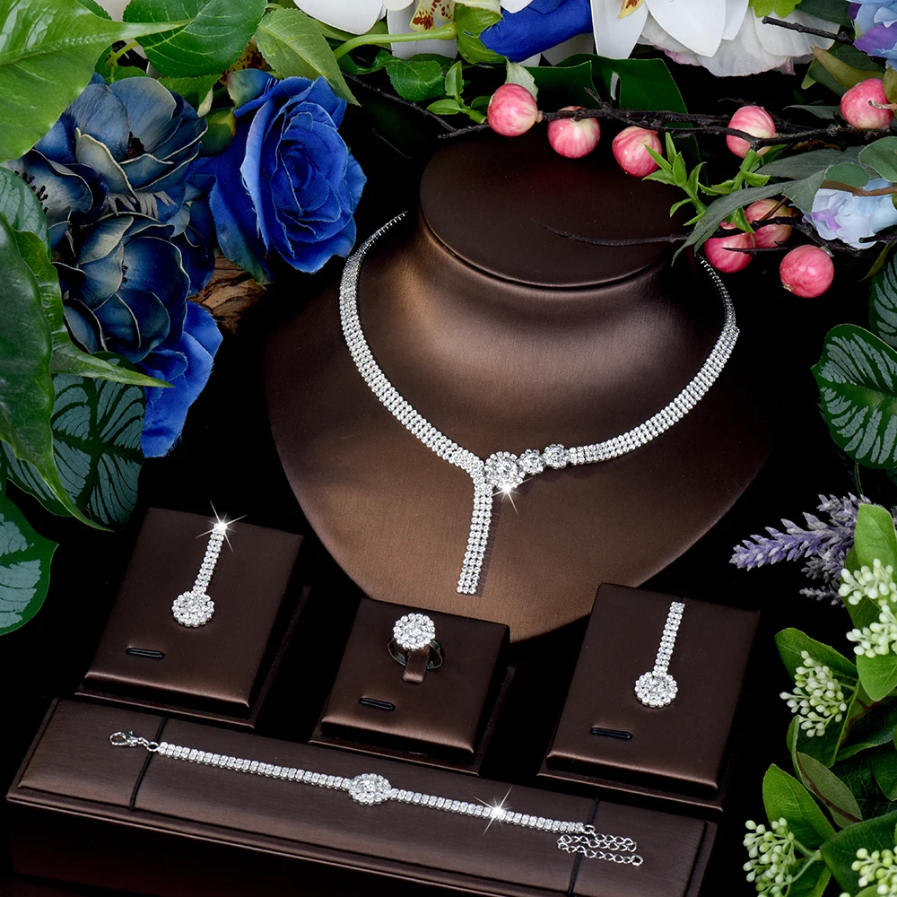 

HIBRIDE Elegant and Cute Round Necklace Earrings Bracelet Set Women's Clothing Light Luxury Jewelry Wedding Holiday Gift S-1091