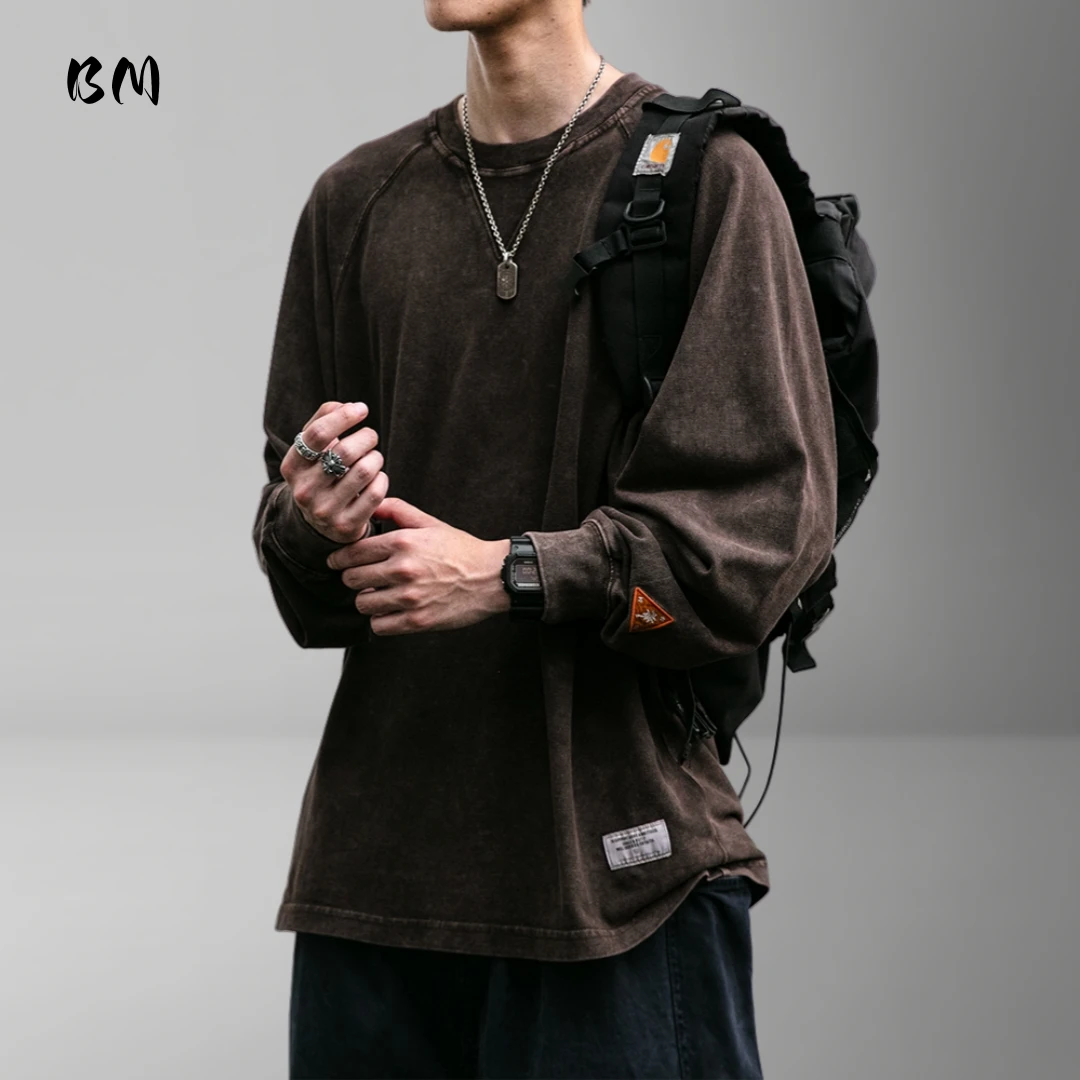 

Мужская корейская винтажная текстурированная восковая футболка с длинным рукавом, весенне-осенняя толстовка, повседневные топы высокого качества, уличная модная одежда