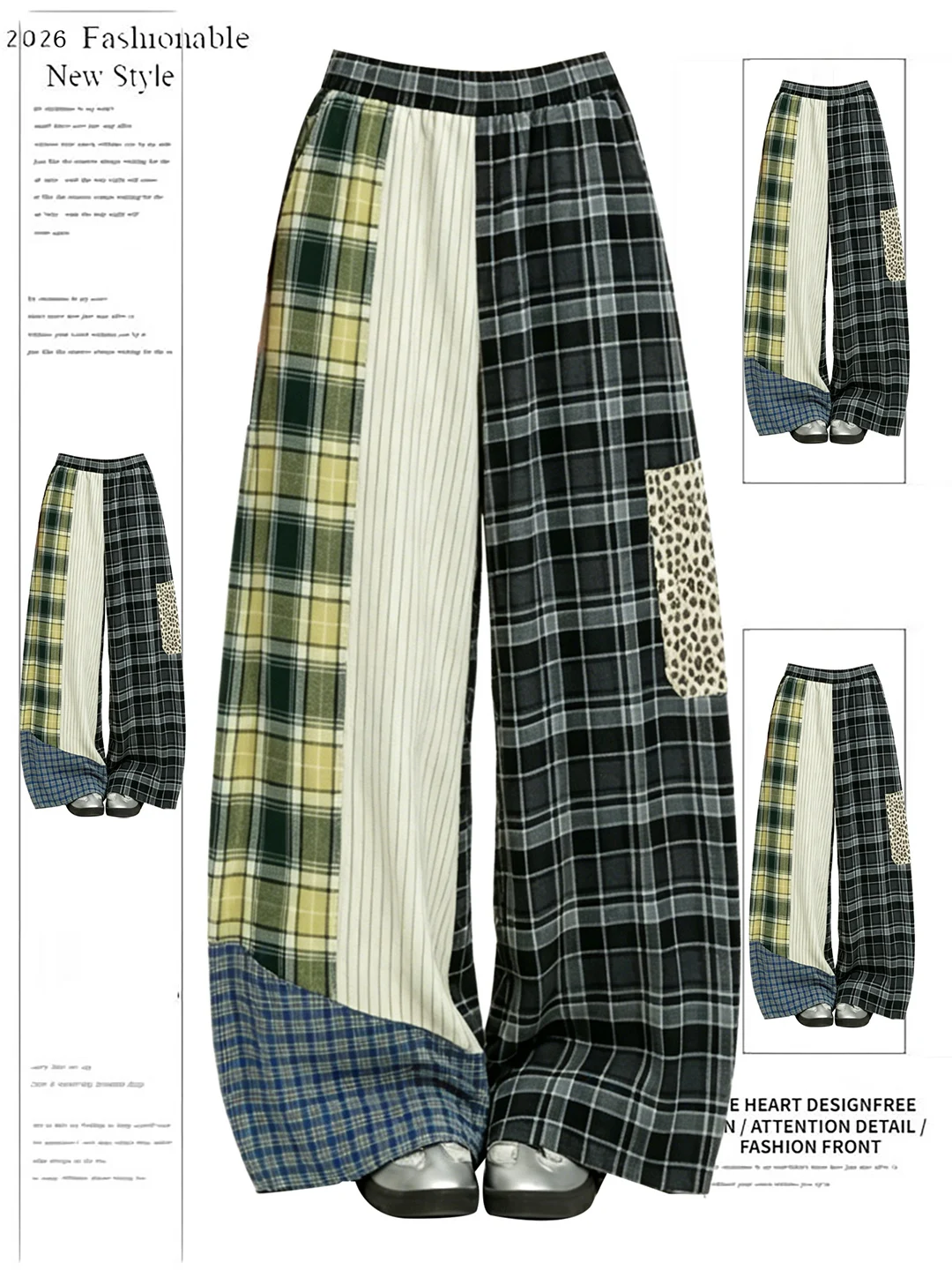 

American Design Plaid Splicing Casual Pants Women's Summer New Lazy Style Loose Wide Leg Pants Straight Tube Polyester Fiber