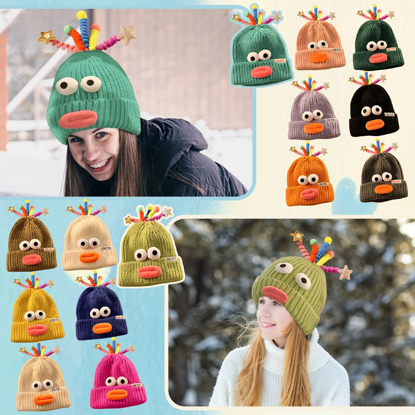 Vrouwen Winter Gebreide Muts Mooie Stripfiguur Patroon Warming Hoed Creatieve Big Eye Dikke Lip Ontwerp Comfortabele Grappige Hoed