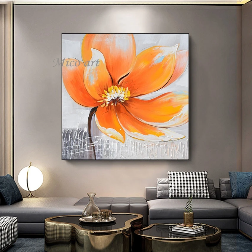 Canvas Oil Paintings Large Size Beautiful 3D Flower Picture Bedroom Wall Art Poster Frameless Orange Acrylic Textured Drawing