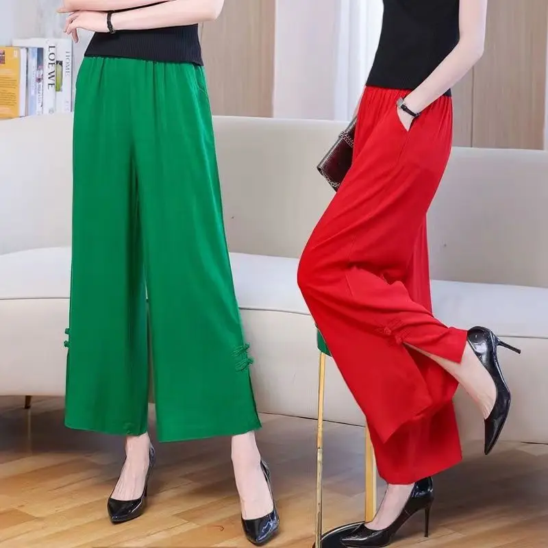 Women Summer Vintage Loose Large Size Appear Thin Solid Color High Waist Cropped Pants Women Clothes Casual All-match Wide Leg