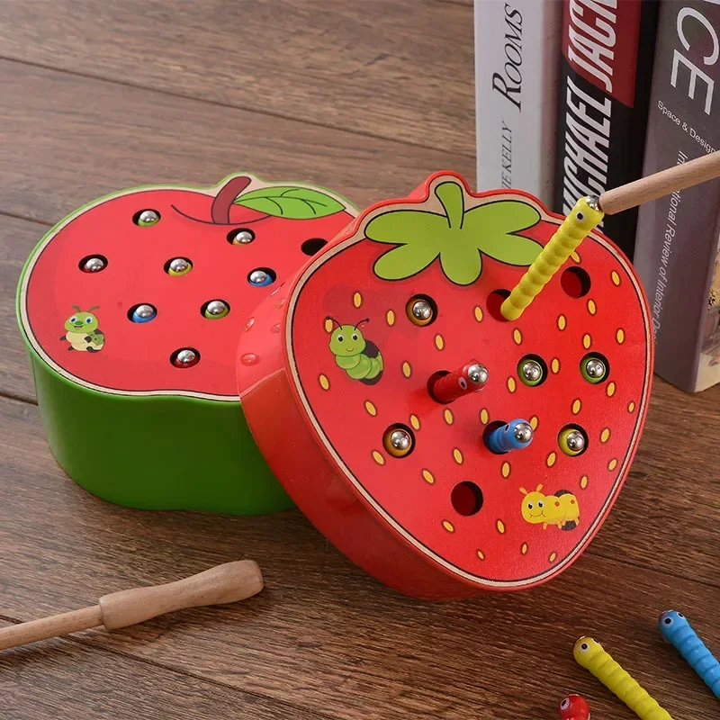 

Magnetic Insect Catching Desktop Game Early Education Toy 1-3 Year Old Hand Eye Coordination Worm Eating Apple Strawberry Shape