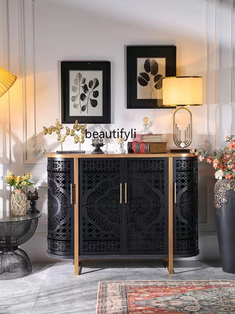 Europeanstyle light luxury iron carved dining sideboard solid wood entrance hall Italian style black gold hollow storage cabinet