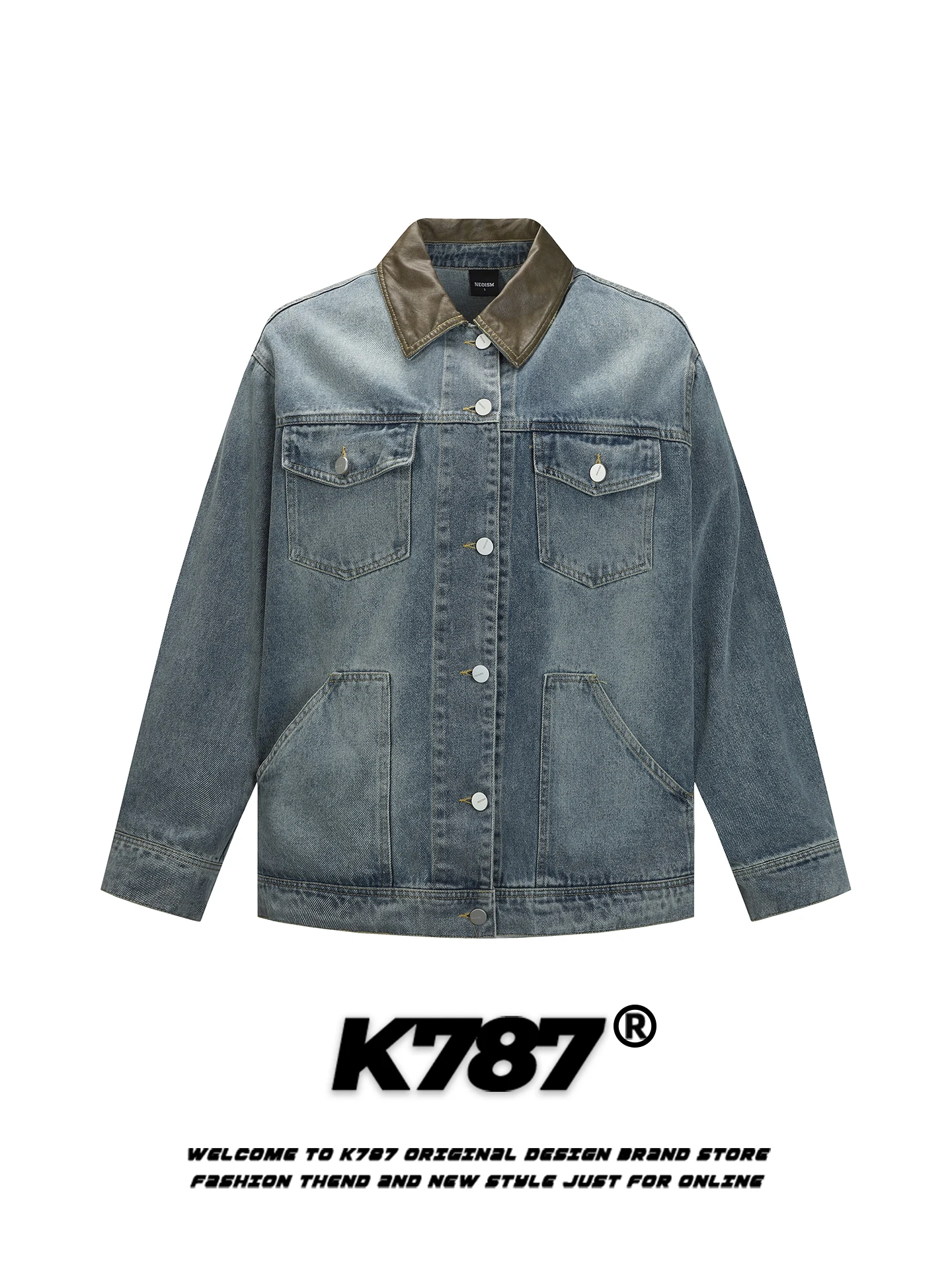 

K787 American Retro Waed Color Blo PU Leather Collar Denim Jaet Loose Casual ex Spring Outerwear for Youth
