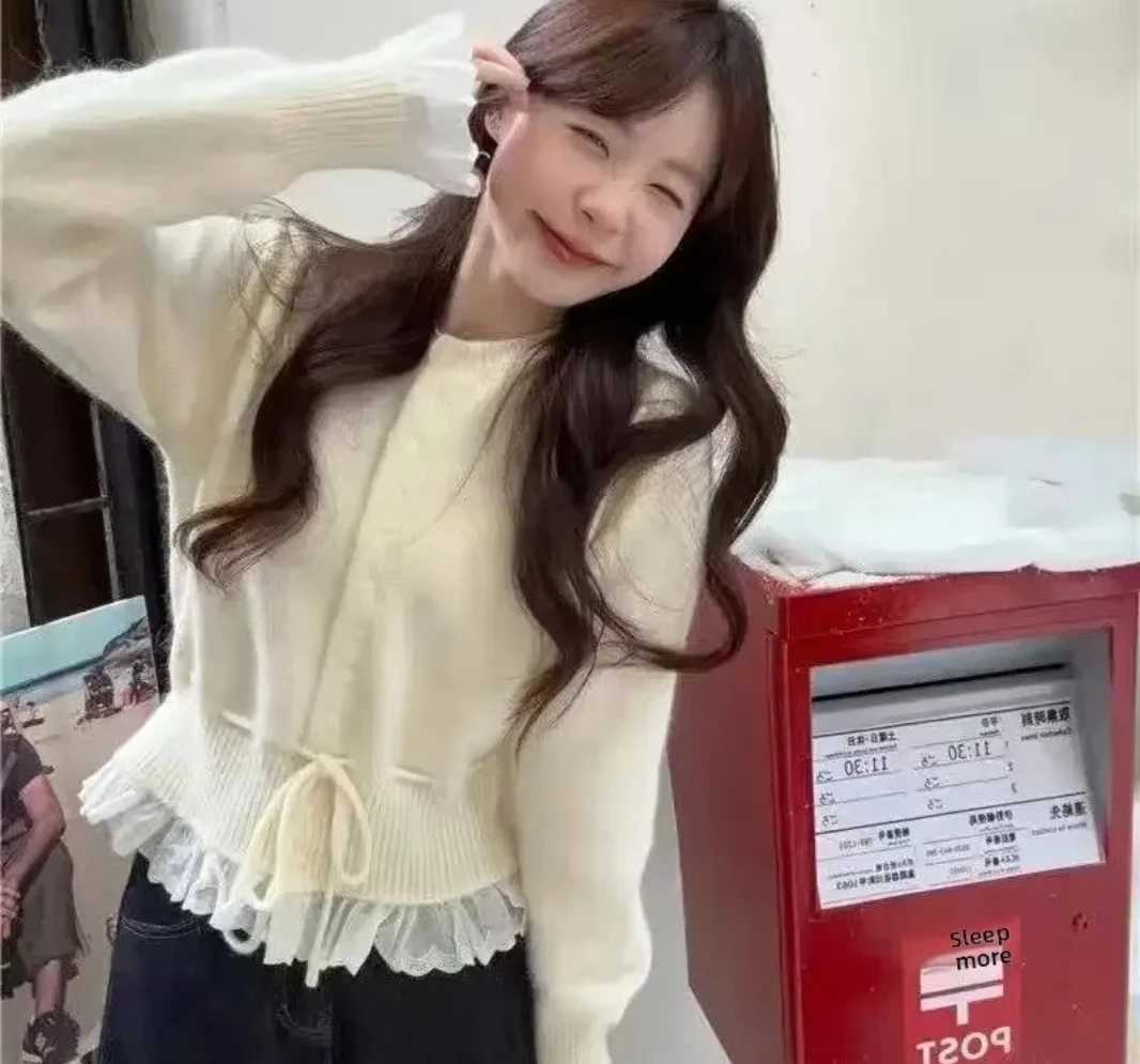Herbst Winter Neue Kordelzug Taille Nach Inward Kleidung Koreanischen Stil Langarm Spitze Splice Gestrickte Pullover Mantel frauen