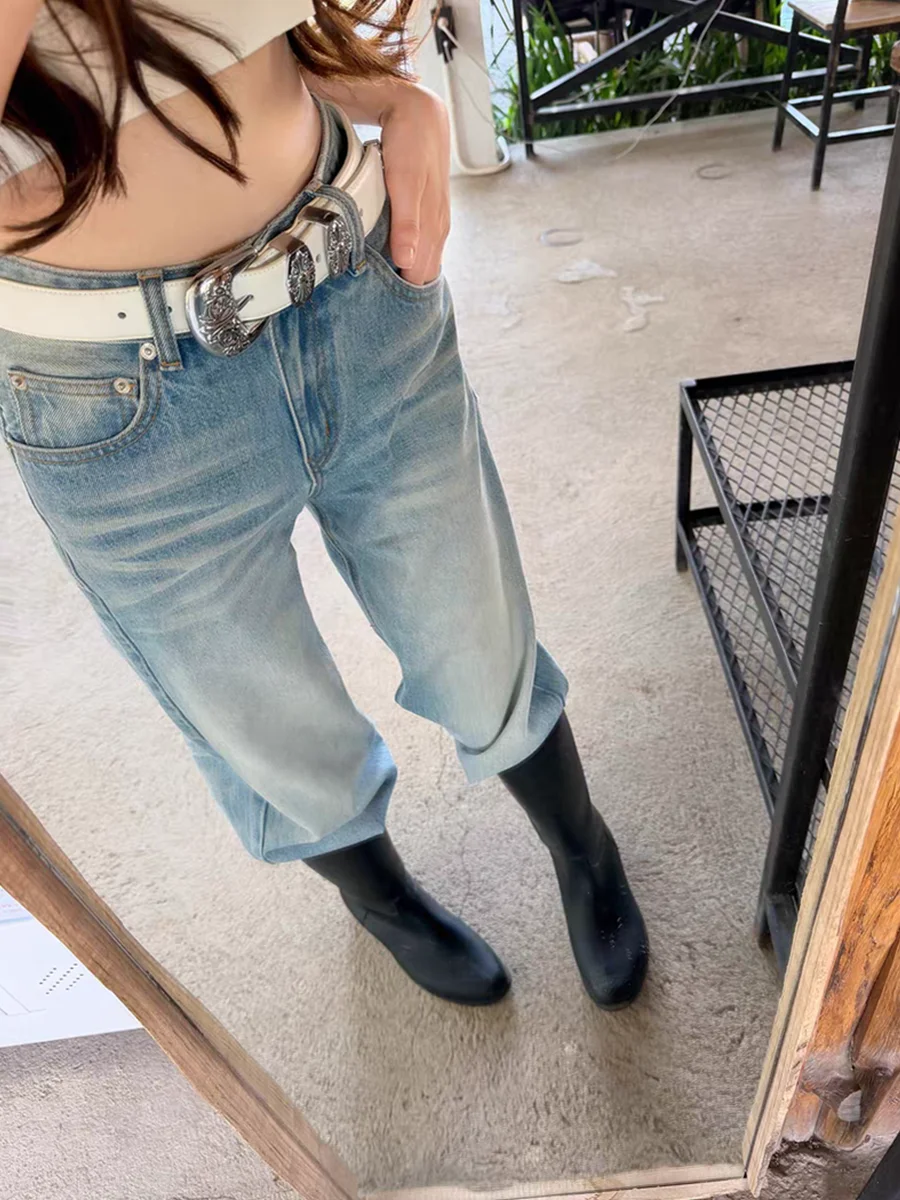 

Ретро-джинсы в американском стиле, прямые, светло-голубые, с эффектом потертости, повседневные, для женщин, весна-лето