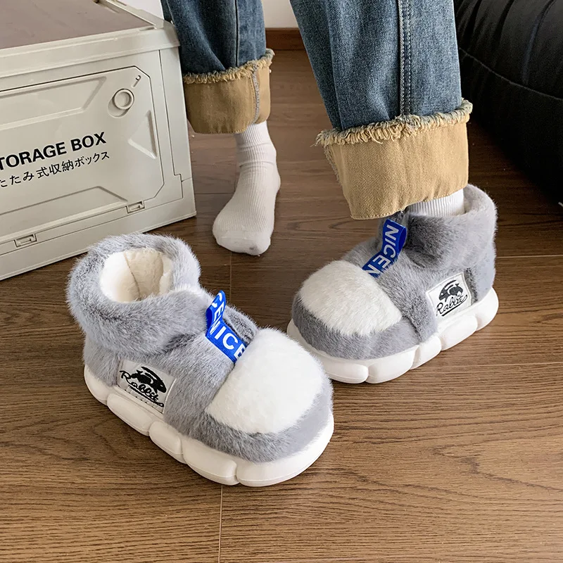 

Rabbit Cotton Slippers Women Winter Warm Shoes Plush Lining Indoor Slipper Couple Platform High Top Snow Boots Male Home Slipper